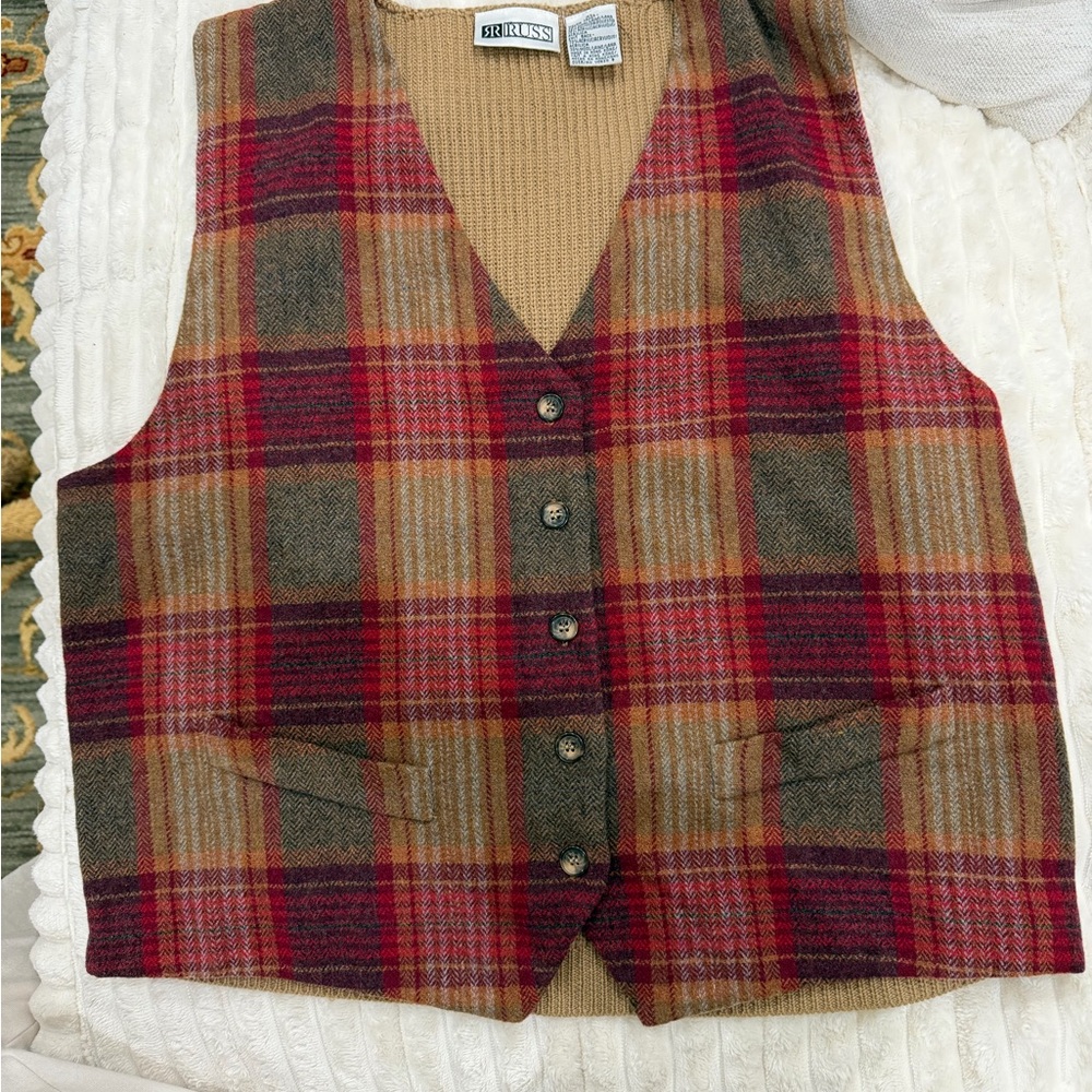 VINTAGE RUSS Plaid Wool Blend Vest L Eclectic Grandpa Dark Academia Retro